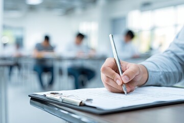 Close-up of a hand writing on a clipboard during an exam in a blurred classroom setting