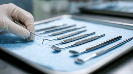 In a closeup view a set of dental tools rests on a sterile tray lined with a soft disposable cover. The instruments are positioned at slightly varying angles showcasing their uniqu
