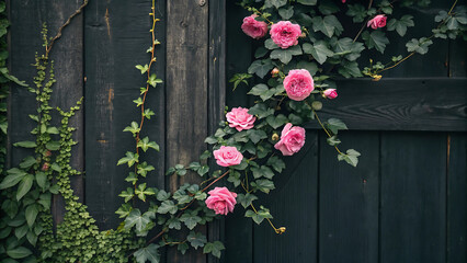Pink roses and green ivy climbing on a dark wooden fence creating a natural floral display - ai generated