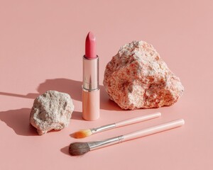 Pink lipstick and makeup brushes rest beside two rough, light-colored stones on a pale pink background, illuminated by sunlight casting shadows