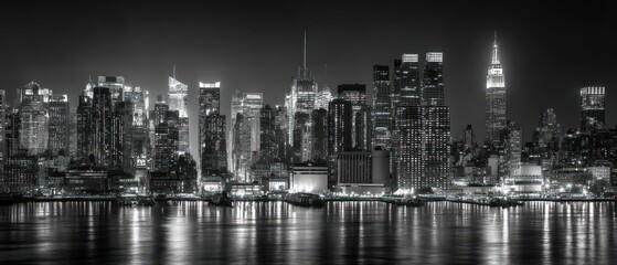 Night Cityscape: Manhattan Skyline in Monochrome