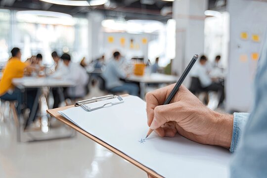 Close-up of a hand writing on a clipboard in a busy, blurred office background with numerous people collaborating at tables