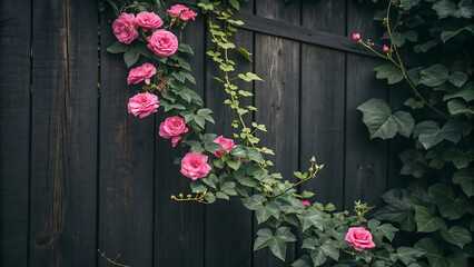 Pink roses climbing a dark wooden fence with green vines and leaves in an outdoor setting - ai generated
