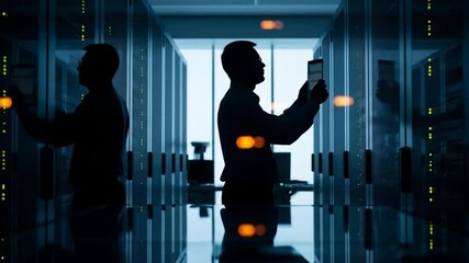 silhouetted it technician troubleshooting and maintaining server racks in data center hallway