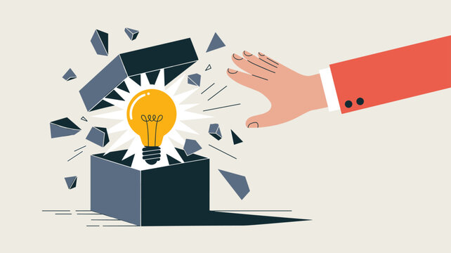 innovator's hand releasing a light bulb idea from an exploding box, vector illustration for breaking out of the box, disruptive innovation and creative breakthrough