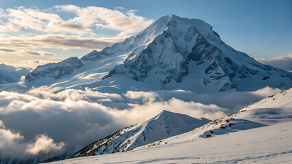 Snowy mountain peak with clouds and blue sky on a sunny day in a winter landscape view from above - ai generated