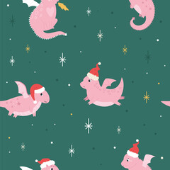 Cute Christmas Pattern with Dragons in Santa Hats on Green Background