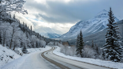 Winding road covered in snow leading to mountains under a cloudy sky in a winter landscape view - ai generated