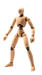 Wooden mannequin stands in a neutral stance, illuminated by soft lighting, showing joint articulation and wooden texture.