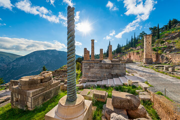 Ruins of the Temple of Athena Pronaia in ancient Delphi, Greece