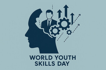 Innovative growth concept for world youth skills day, featuring a human profile with internal gears and ascending arrows for advancement