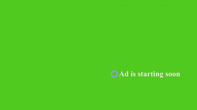 Ad starting soon skip button countdown green screen animation with mouse pointer clicking to skip, warning the user of an upcoming ad on video platforms.