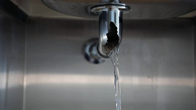 close up water leaking from cracked pipe under sink accident damage concept