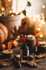Concept of cozy fall home atmosphere, aromatherapy. Perfume, appartment aroma reed diffuser with autumn scent of pumpkin pie, cinnamon, anise. Room decor with pumpkins, wool plaid, scented candles.
