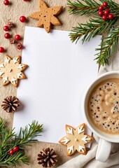 Fototapeta premium Winter background A4. Cozy winter coffee setup with cookies and festive decorations 