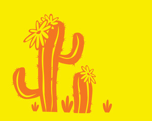 South American cactus with flowers. Graphic drawing on a yellow background. Vector image for prints, poster and illustrations.