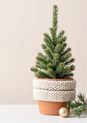 Winter background A4. Miniature Christmas tree in decorative pot on wooden table  