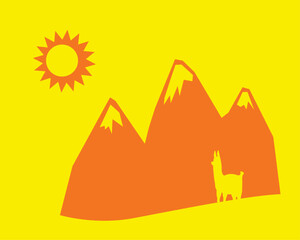 South American landscape. Snow-capped mountains and silhouette of a white llama. Vector image for prints, poster and illustrations.