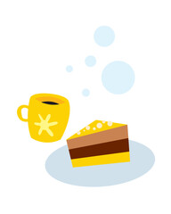 A cup of coffee and a piece of chocolate cake. Vector image for prints, poster and illustrations.