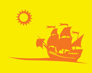 Silhouette of an old sailing ship on a yellow background. Vector image for prints, poster and illustrations.