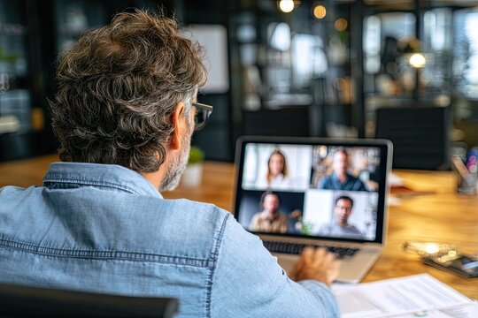 Rear view of man in denim shirt, glasses, participating in a video conference on laptop at a modern wooden desk