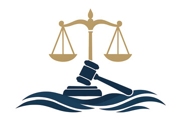 World day for international criminal justice symbolizing legal fairness and stability with scales and a gavel on a wavy base