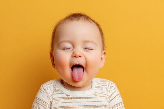 The baby looks delighted as it makes a comical face with its tongue sticking out and a wink