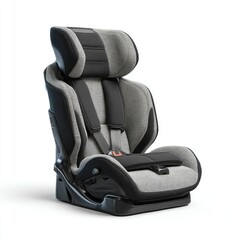 Naklejka premium Gray and black child car seat, high-backed, with padded headrest and five-point harness, isolated on white
