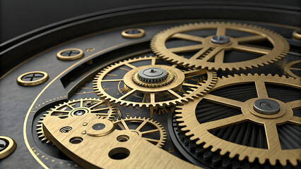 Close up view of a watch mechanism with golden gears and dark background showing intricate details - ai generated
