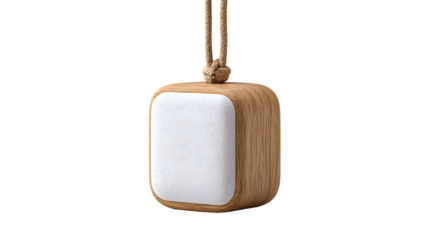 Modern Wooden Cube Speaker with White Fabric and Rope Handle on White Background