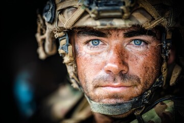 Obraz premium The camera zooms in on a soldier, capturing the intensity of their expression beneath their helmet