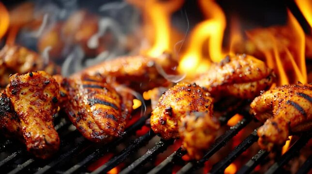 Grilled chicken wings on a barbecue with flames rising, close up shot of delicious cooking food view