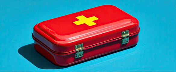 Red metal first-aid kit with yellow cross, on blue background, cast shadow visible