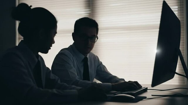 Collaborative teamwork in a professional office environment focused on computer tasks and