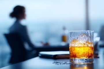 The whiskey is being drunk by an overworked businesswoman after she has finished her work for the day