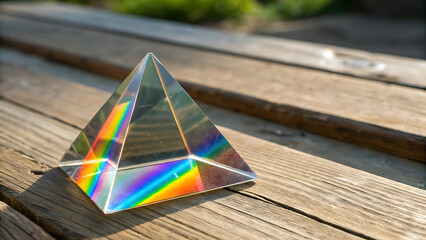 Clear prism refracting light creating a rainbow effect on a wooden surface in bright sunlight - ai generated