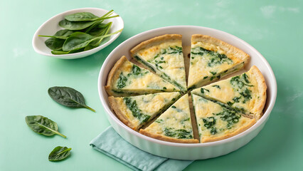 A spinach quiche cut into slices in a white dish with spinach leaves on a light green background - ai generated