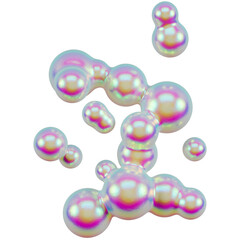 Holographic mercury drops. Abstract 3D shape in bright iridescent color isolated on a transparent background. 3D render. Holographic paint shimmering from pink to green-blue.