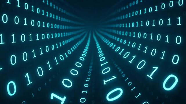 A dynamic stream of binary code flows through a futuristic tunnel, representing data transfer and the digital age's advancement