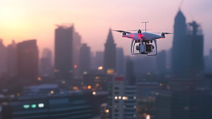 Aerial drone capturing cityscape silhouettes at sunset, hovering above blurred skyscrapers with mounted camera technology