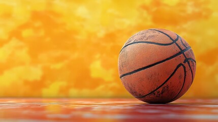 Obraz premium Vibrant Close-up of a Basketball on a Reflective Surface with a Bold Yellow and Orange Background Emphasizing the Sport's Energetic Essence