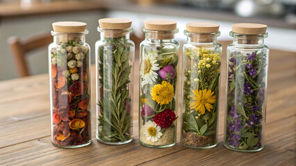 Five glass bottles filled with dried flowers and herbs sitting on a wooden surface in a bright setting - ai generated