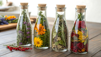 Still life of four glass bottles filled with colorful flowers and herbs on a wooden surface top - ai generated