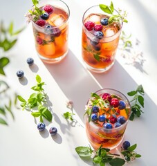 Vibrant glasses holding berry-infused drinks, adorned with mint leaves and colorful berries, catching sunlight and creating refreshing summer ambiance