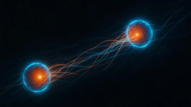 A captivating visualization of quantum entanglement featuring two particles connected by glowing energy strands