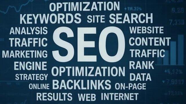 This image showcases a digital concept of SEO with keywords, optimization strategies, and analytics displayed graphically, perfect for illustrating online marketing efforts.