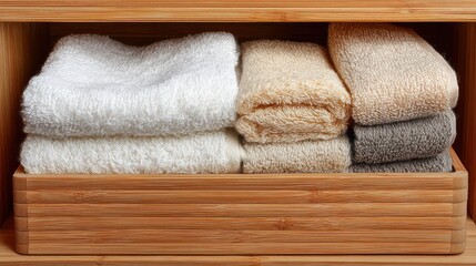 Neatly Stacked Soft Towels in a Bamboo Shelf