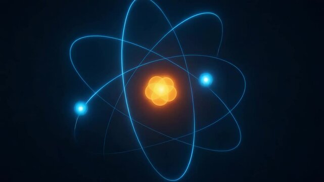 A vivid representation of an atom showcasing its nucleus and orbiting electrons, symbolizing the fundamental building blocks of matter in a modern scientific context.