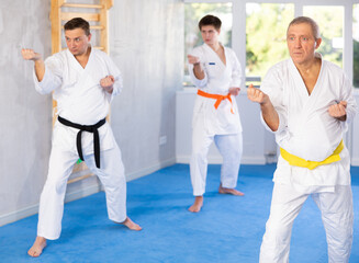 Naklejka premium Elderly man with other athletes of different ages during karate or judo classes
