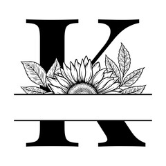 Sunflower split monogram design, alphabet letter K decorated with floral illustration. Perfect for personalized gifts, farmhouse decor, wedding initials, laser cut file, family sign, and DIY crafts.
